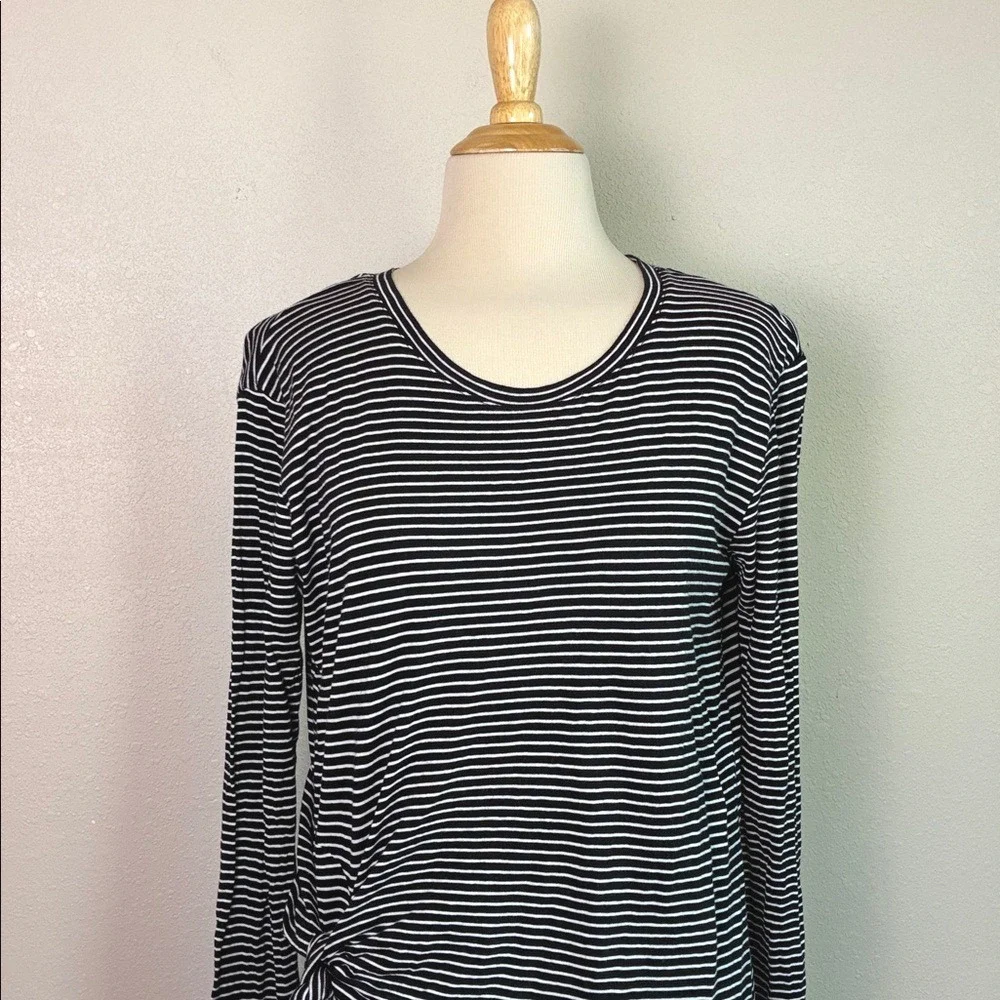 VINCE Small Black White Striped Long Sleeve Cotton Gathered Tie Waist Midi Dress